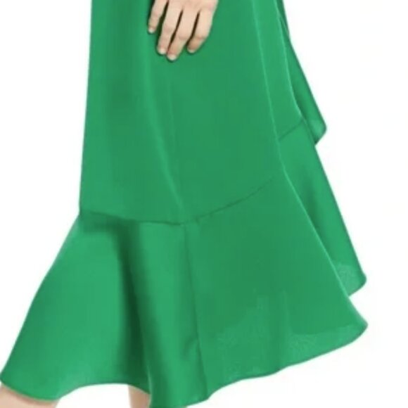 Green Satin A-Line Midi Faux Wrap Ruffle Hem Cocktail Dress - Picture 3 of 5